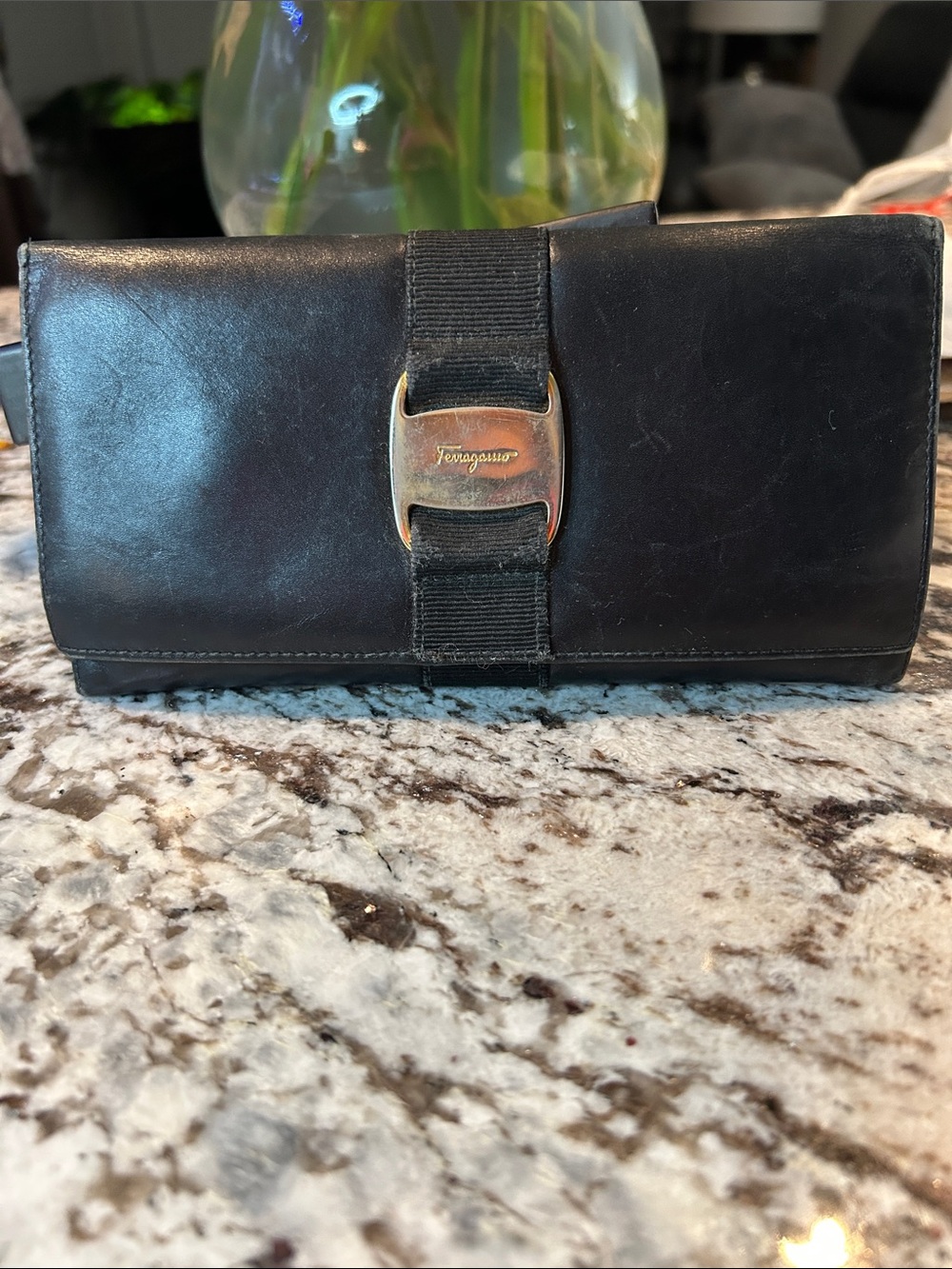 Salvatore Ferragamo Black Leather Continental Wallet with Gold-Tone Gancini